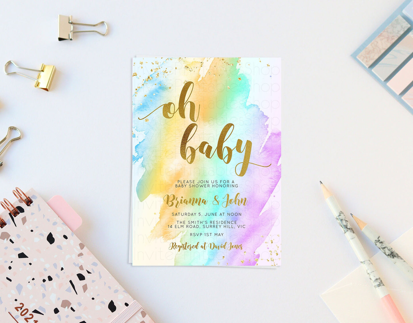 Rainbow Baby Shower Invitation Watercolor Pastel Invitation Colorful Splash Baby Shower Invite Gold Glitter Sprinkles Ombre Invite 489