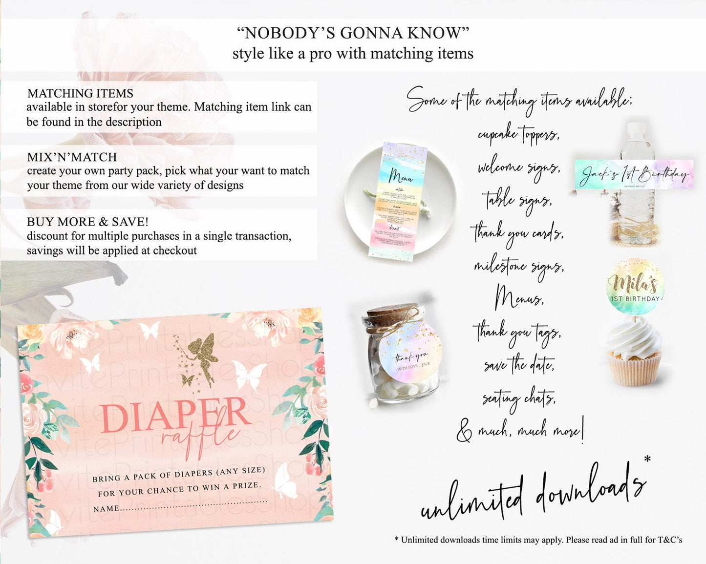 Fairy Diaper Raffle Card Fairy Diaper Insert Enchanted Garden Fairy Diaper Ticket Pastel Floral Butterfly Secret Garden Raffle Game D10792