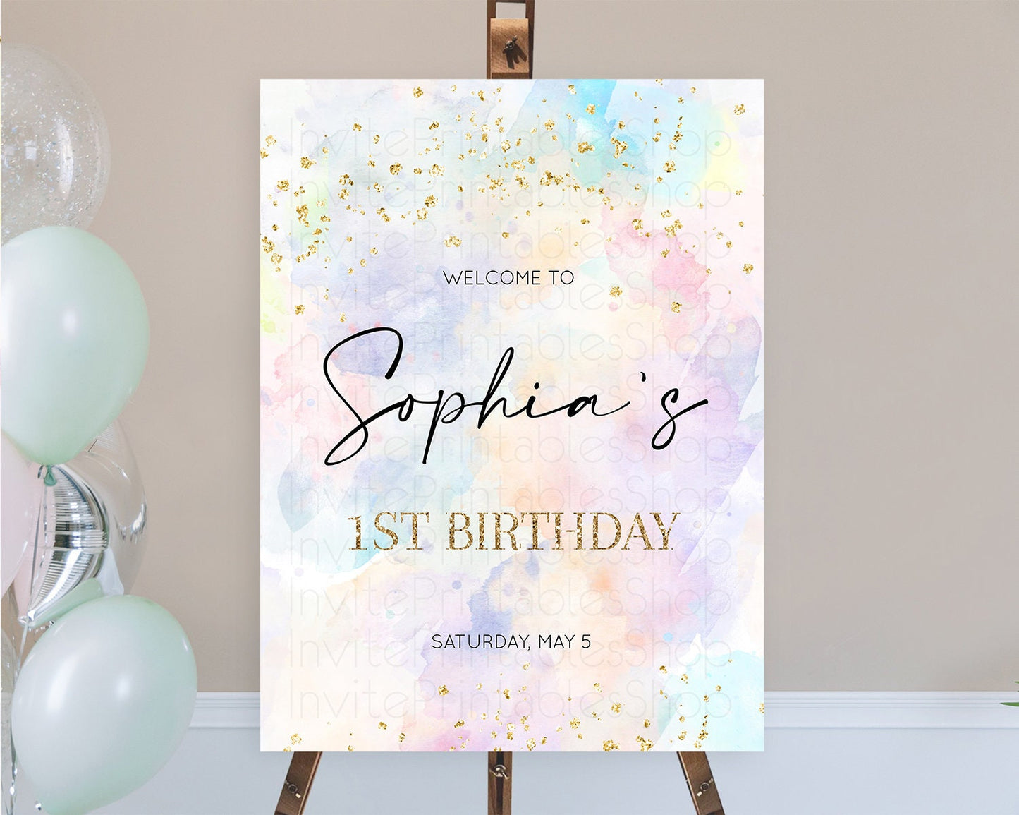 Pastel Welcome Sign Pastel Rainbow Welcome Sign Colorful Rainbow Confetti Watercolor Glitter Pastel First Birthday Welcome Sign D10605