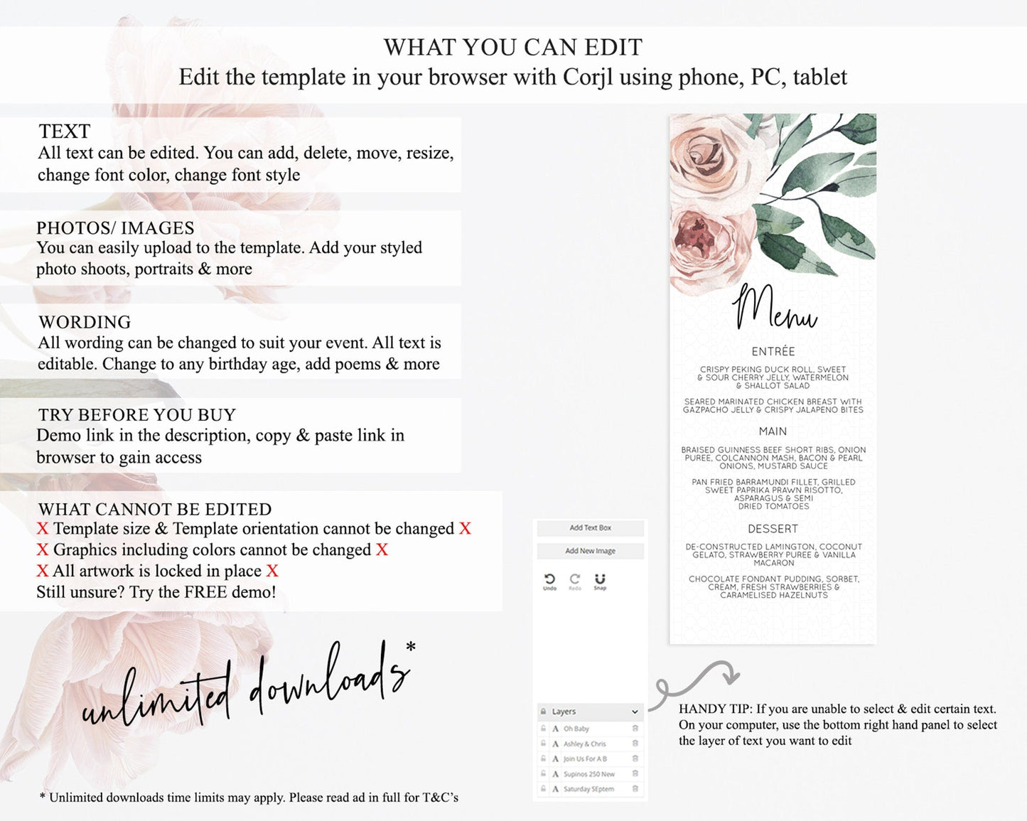 Secret Garden Menu Wildflower Menu Template Pastel Flower Garden Table Decor Boho Floral Dinner Dessert Floral Party Food Menu D11061