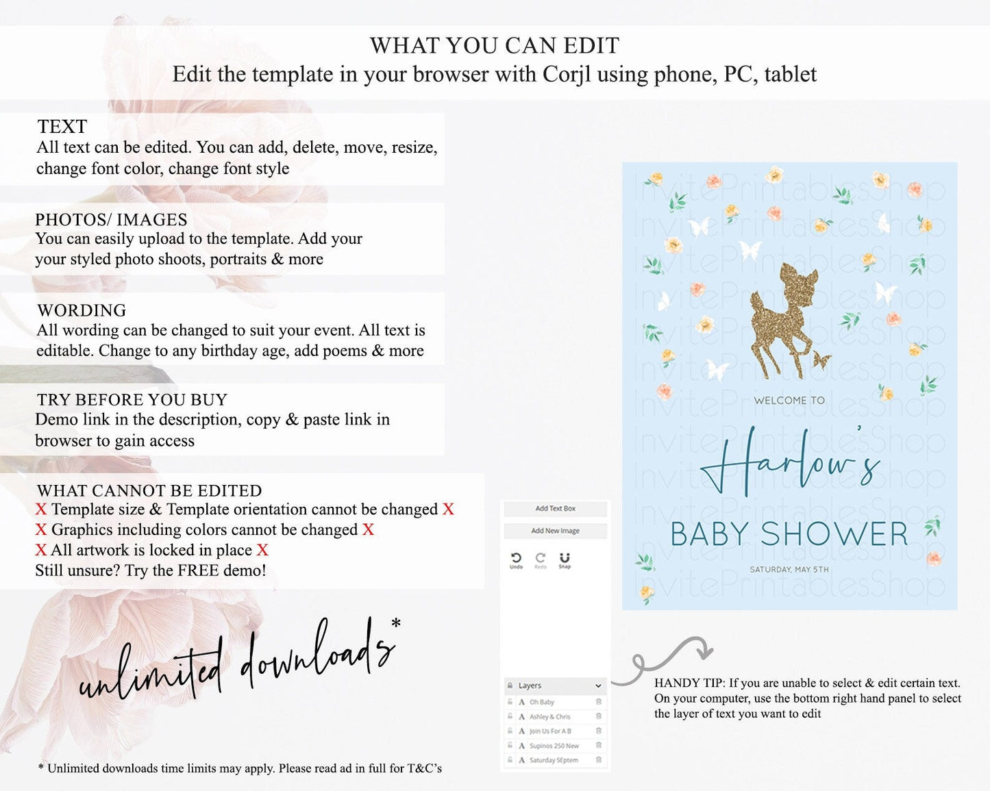 Fawn Baby Shower Welcome Sign Deer Welcome Board Floral Deer Welcome Poster Enchanted Forest Butterfly Pastel Floral Welcome Sign D10902