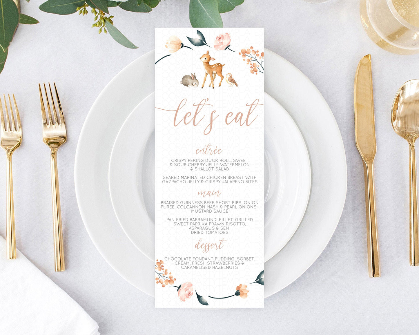 Fawn Menu Deer Menu Template Pastel Floral Deer Table Decor Enchanted Forest Butterfly Floral Dinner Dessert Menu Party Food Menu D10241