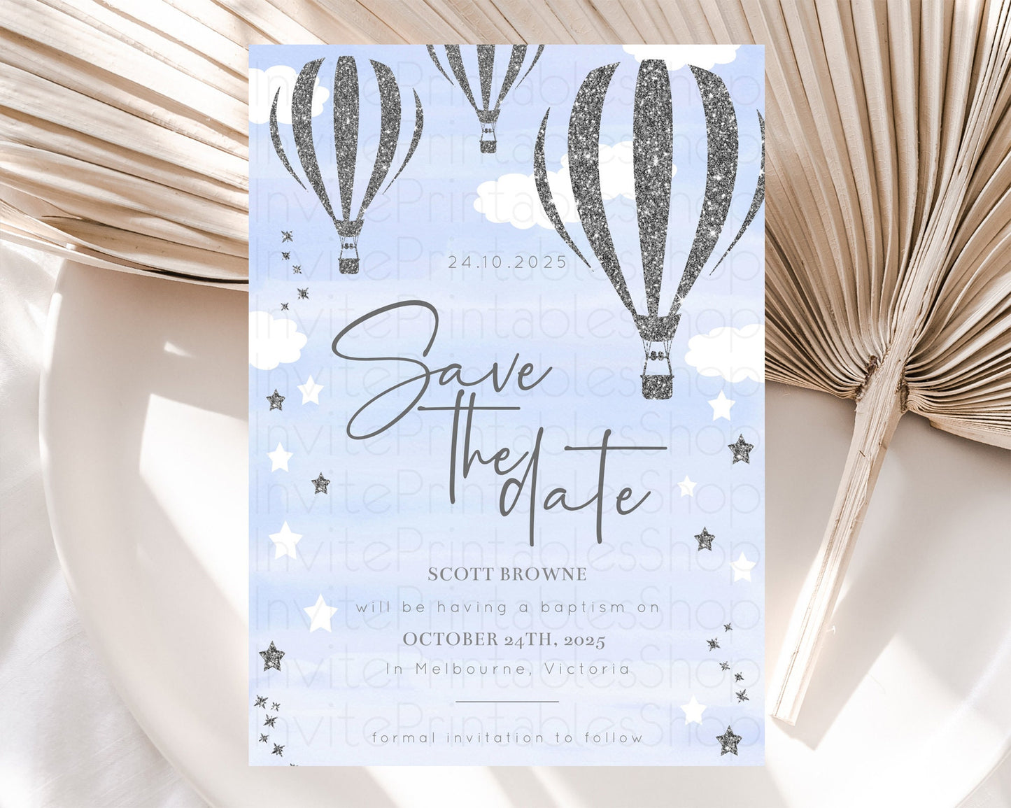 Hot Air Balloon Save The Date Template Adventure Awaits Mr. ONEderful Party 1st Birthday Baptism Baby Shower D10334