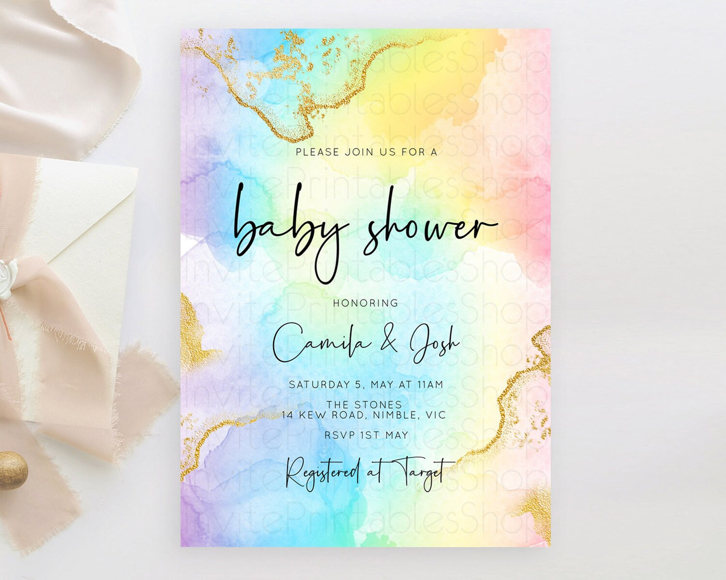 Pastel Baby Shower Invitation Rainbow Baby Shower Invitation Colorful Pastel Watercolor Invitation Gold Glitter Sprinkles Ombre D10588