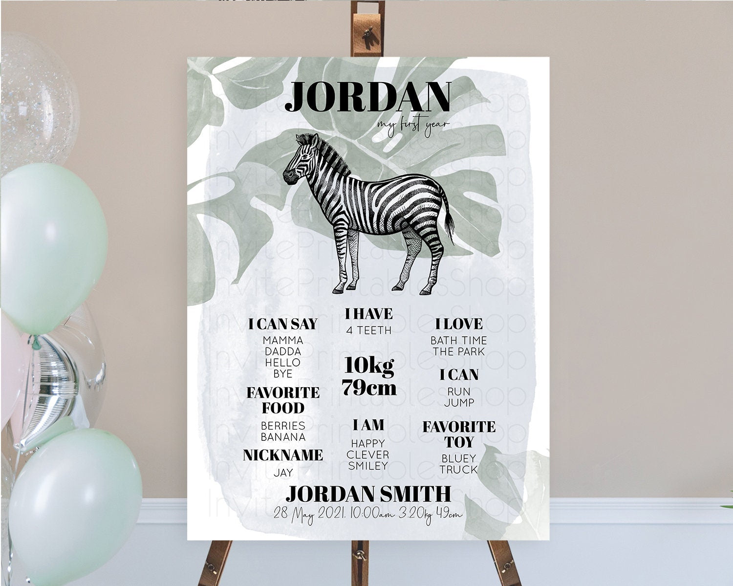 Editable Zebra First Birthday Milestone Board Zebra Milestone Poster Zebra D