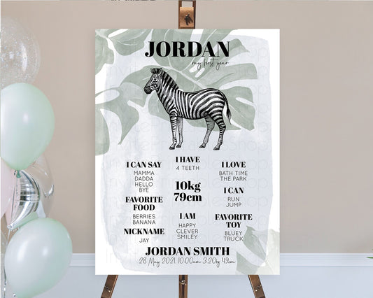 Editable Zebra First Birthday Milestone Board Zebra Milestone Poster Zebra D