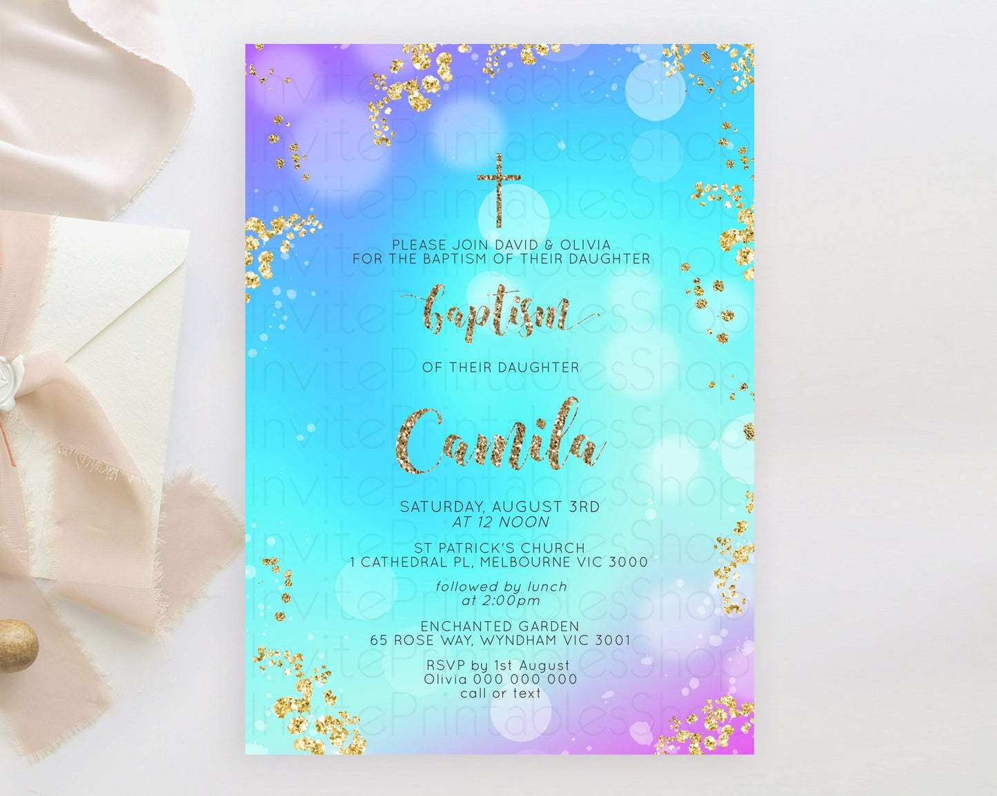 Pastel Baptism Invitation Pastel Colors Watercolor Baptism 1st Birthday Party Gold Ombre Pastel Rainbow Christening Holy Communion D10573