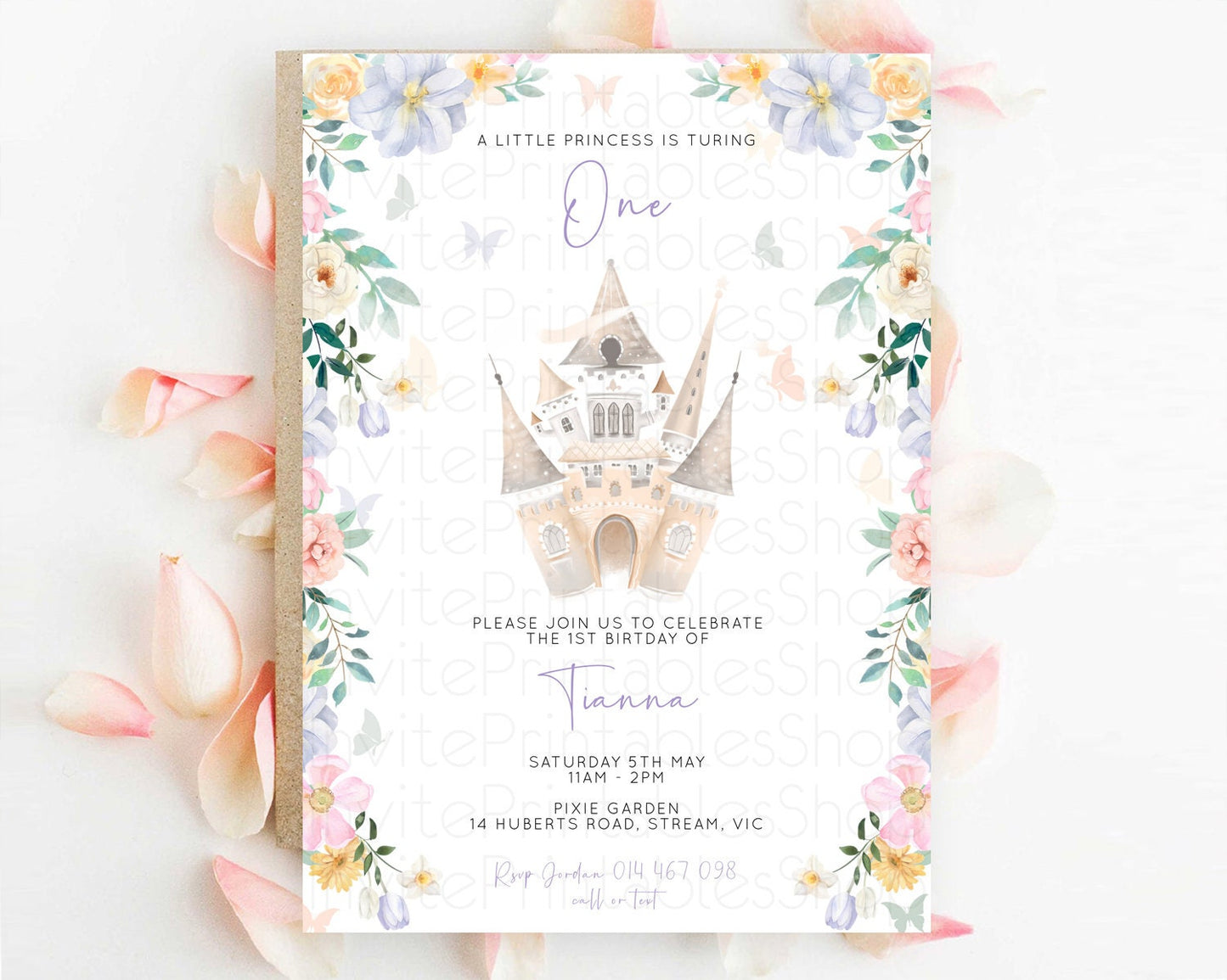 Princess Birthday Invitation Castle Invitation Royal Birthday Fairy Tale Enchanted Castle Pastel Floral Garden 1st First Birthday D10473