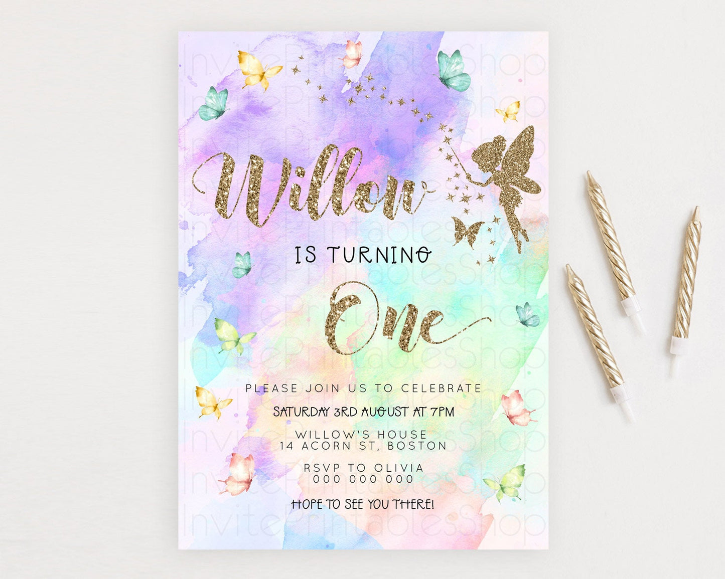 Pastel Fairy Birthday Invitation Pastel Butterflies Fairy Birthday Invitation Rainbow Ombre Watercolor 1st 2nd Birthday Invitation D23344