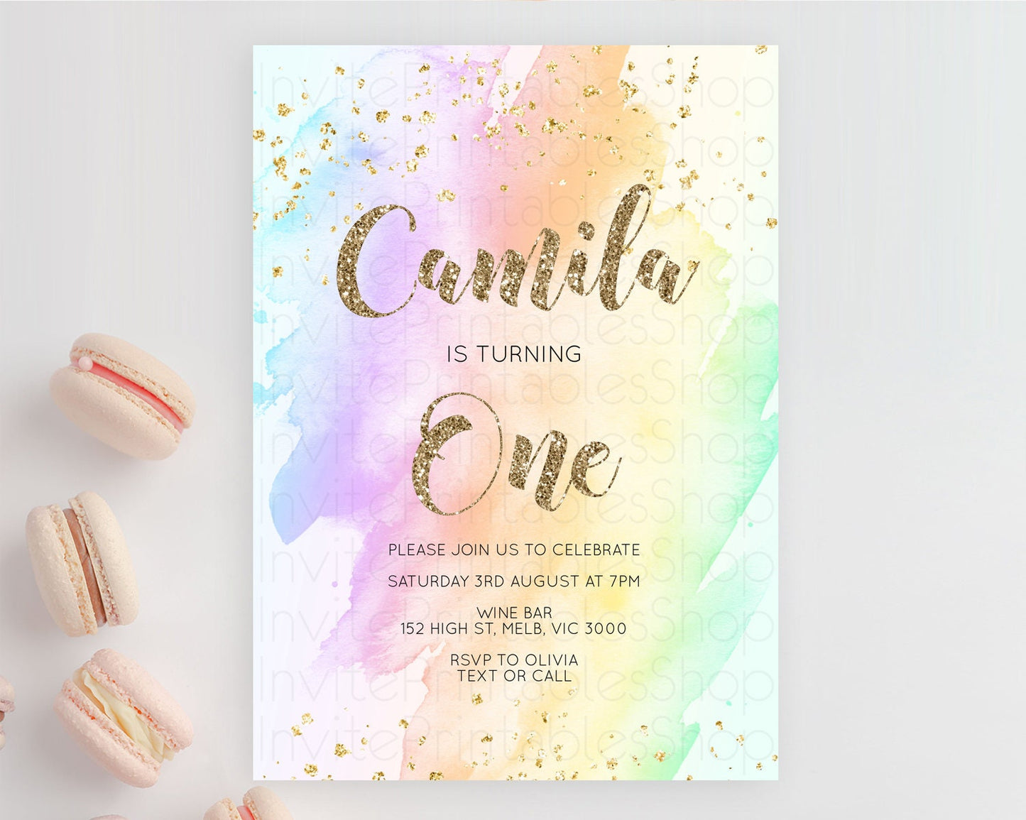 Rainbow Birthday Invitation Colorful Pastel Watercolor Invitation Gold Glitter Sprinkles Ombre Pastel 1st 2nd 3rd Birthday D10643