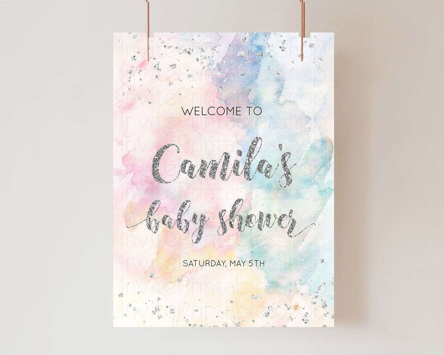 Pastel Rainbow Baby Shower Welcome Sign Pastel Welcome Board Pastel Colorful Party Poster Confetti Watercolor Silver Welcome Sign D10944