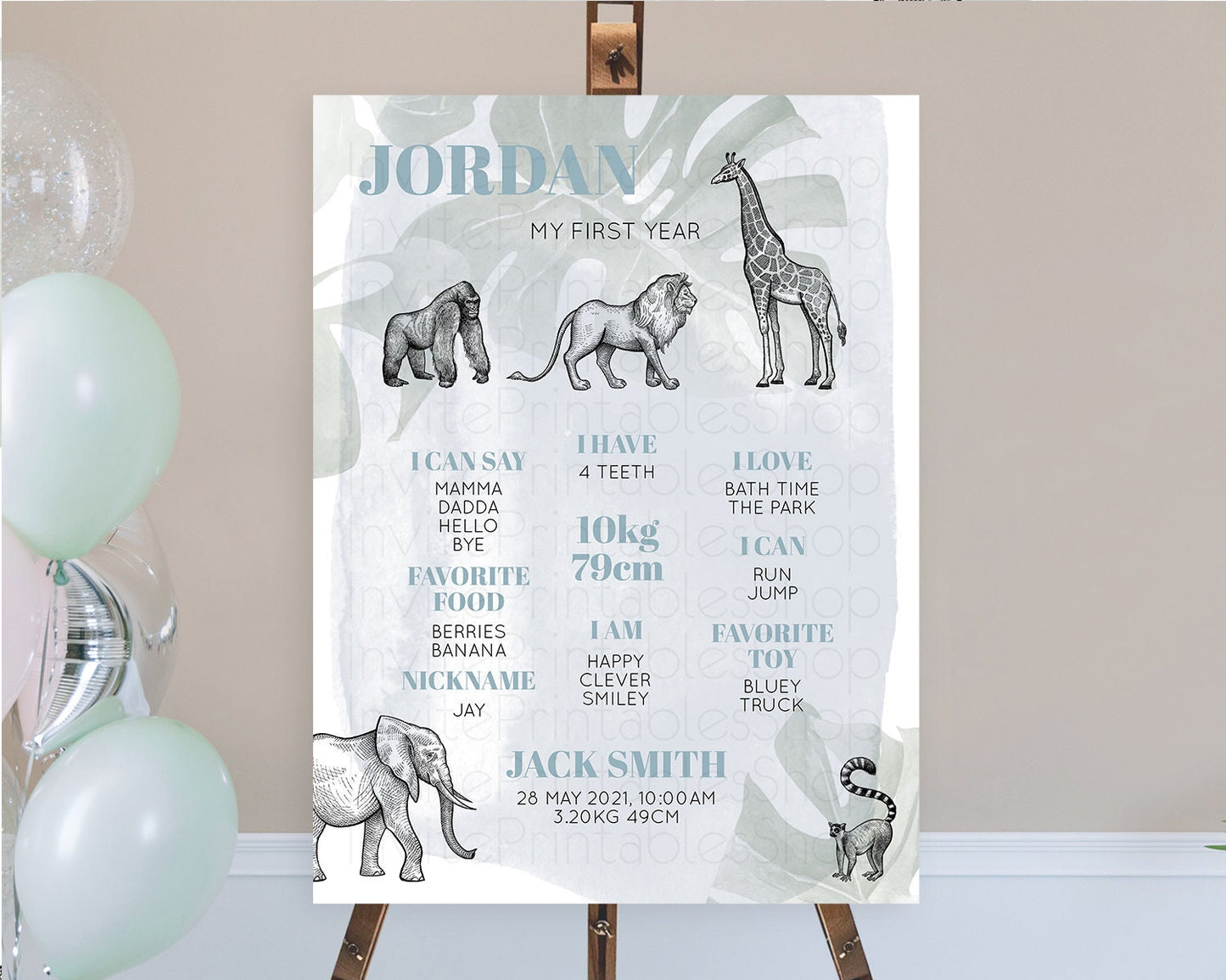 Safari First Birthday Milestone Poster Lion Gorilla Elephant Rhino Tropical Palm Jungle Zoo Party Animal 1st Birthday Welcome Sign D10821