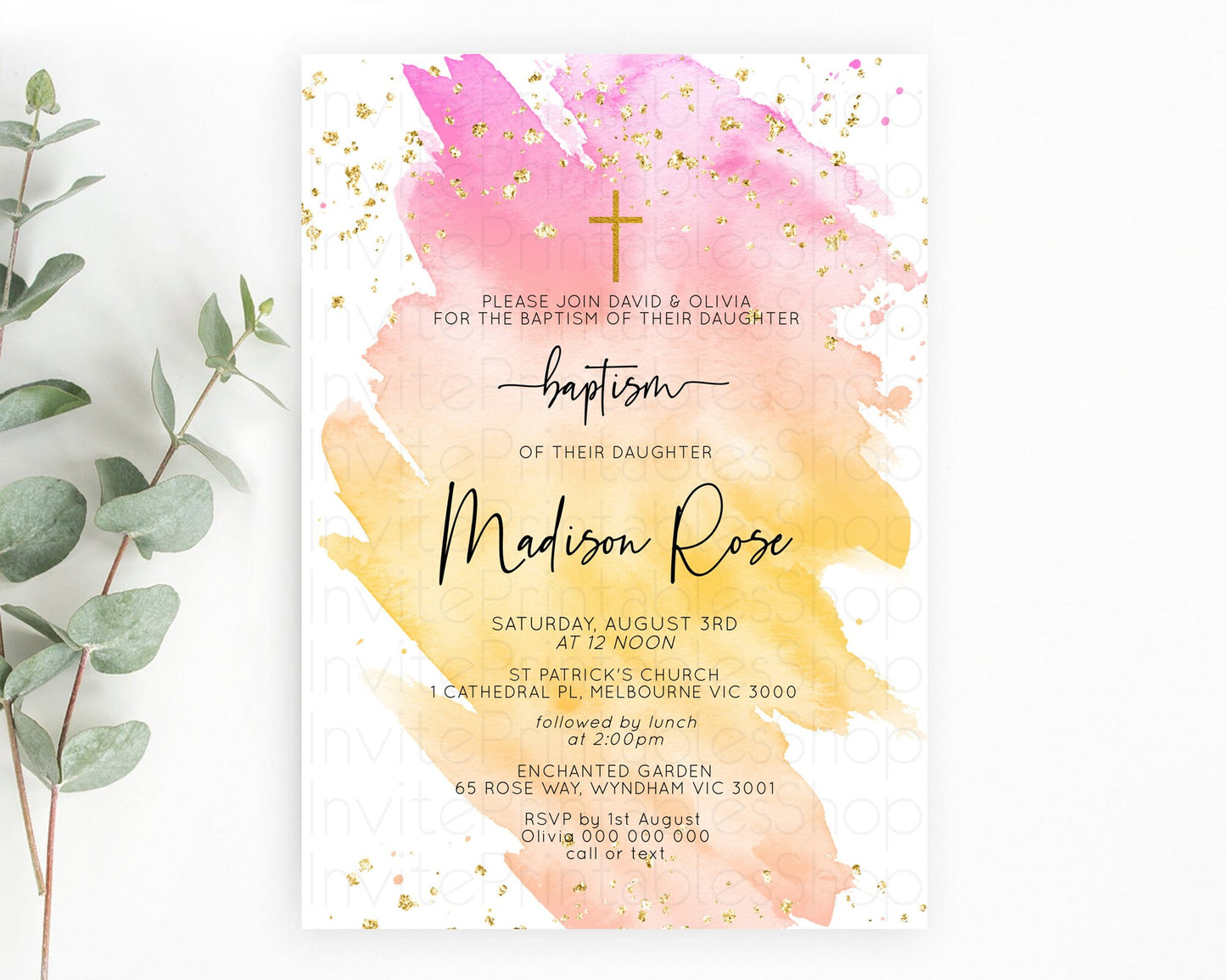 Pastel Baptism Invitation Pastel Colors Watercolor Baptism 1st Birthday Party Gold Ombre Pastel Rainbow Christening Holy Communion D10526