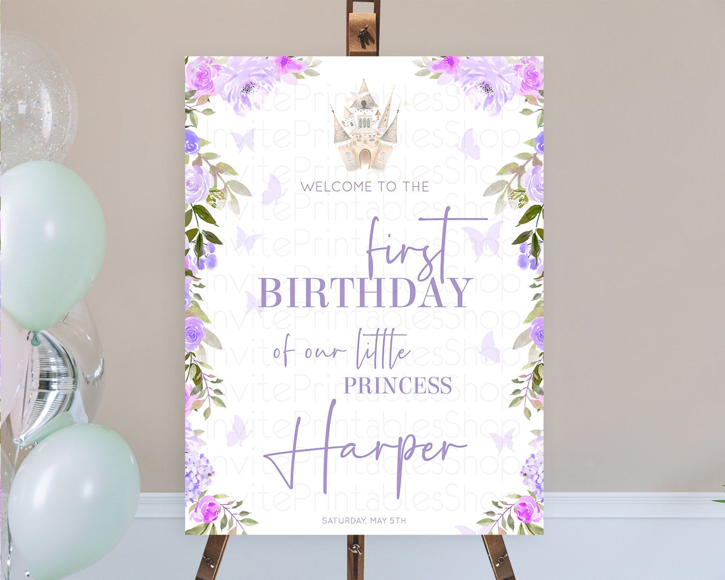 Princess Birthday Welcome Sign Castle Welcome Board Secret Garden Enchanted Castle Pastel Floral Garden First Birthday Welcome Sign D10339