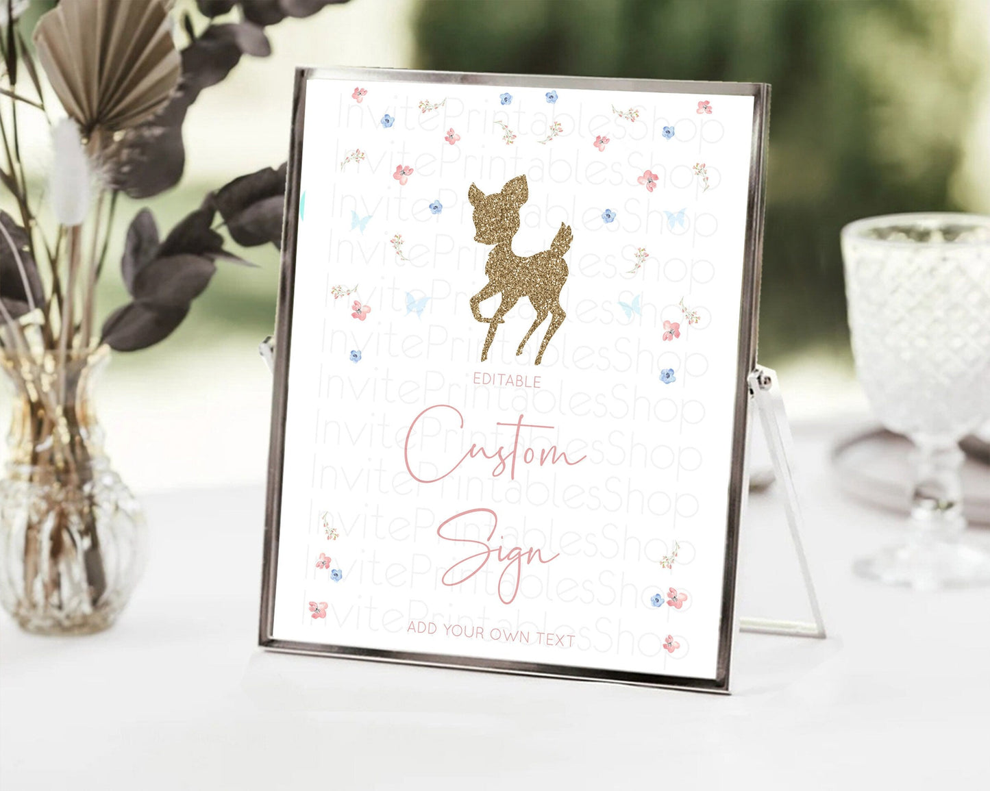 Fawn Deer Sign Pastel Floral Deer Table Sign Decor Enchanted Forest Butterfly Party 1st Birthday Baptism Baby Shower Bridal Shower D10359
