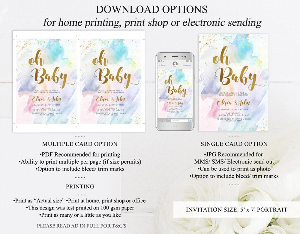 Rainbow Baby Shower Invitation Watercolor Pastel Invitation Colorful Splash Baby Invite Gold Glitter Sprinkles Ombre Gender Reveal G487