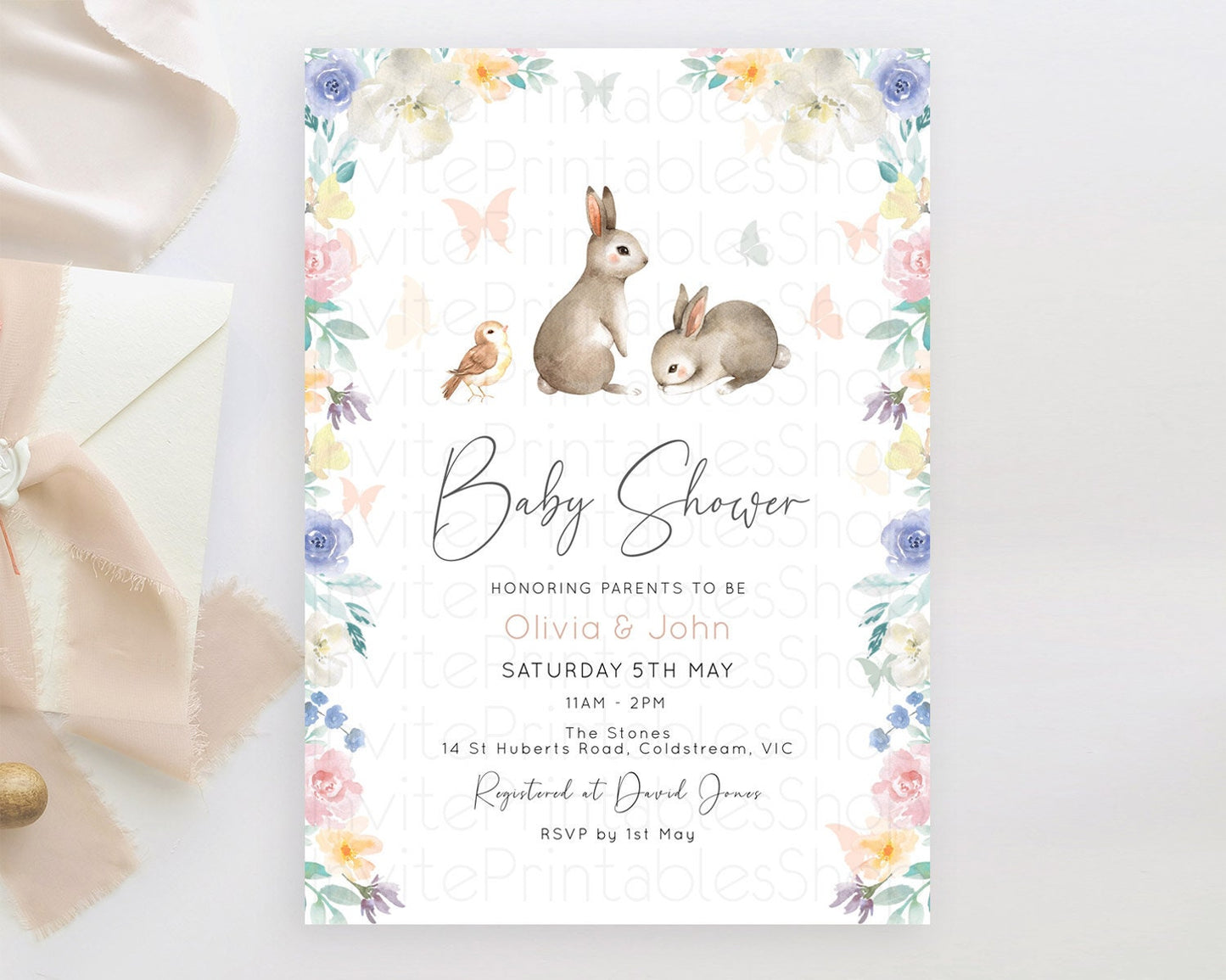 Bunny Baby Shower Invitation: Secret Garden, Enchanted Garden, Pastel Watercolor Woodland - Pink Blue White Flowers and Butterflies D10928