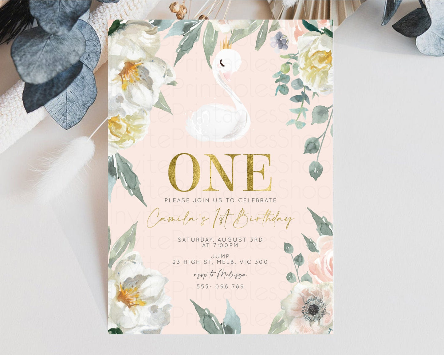 Swan Birthday Invitation White Floral Birthday Invitation Swan Princess Invite Ballet Swan Princess Invite Enchanted Garden Invite s102