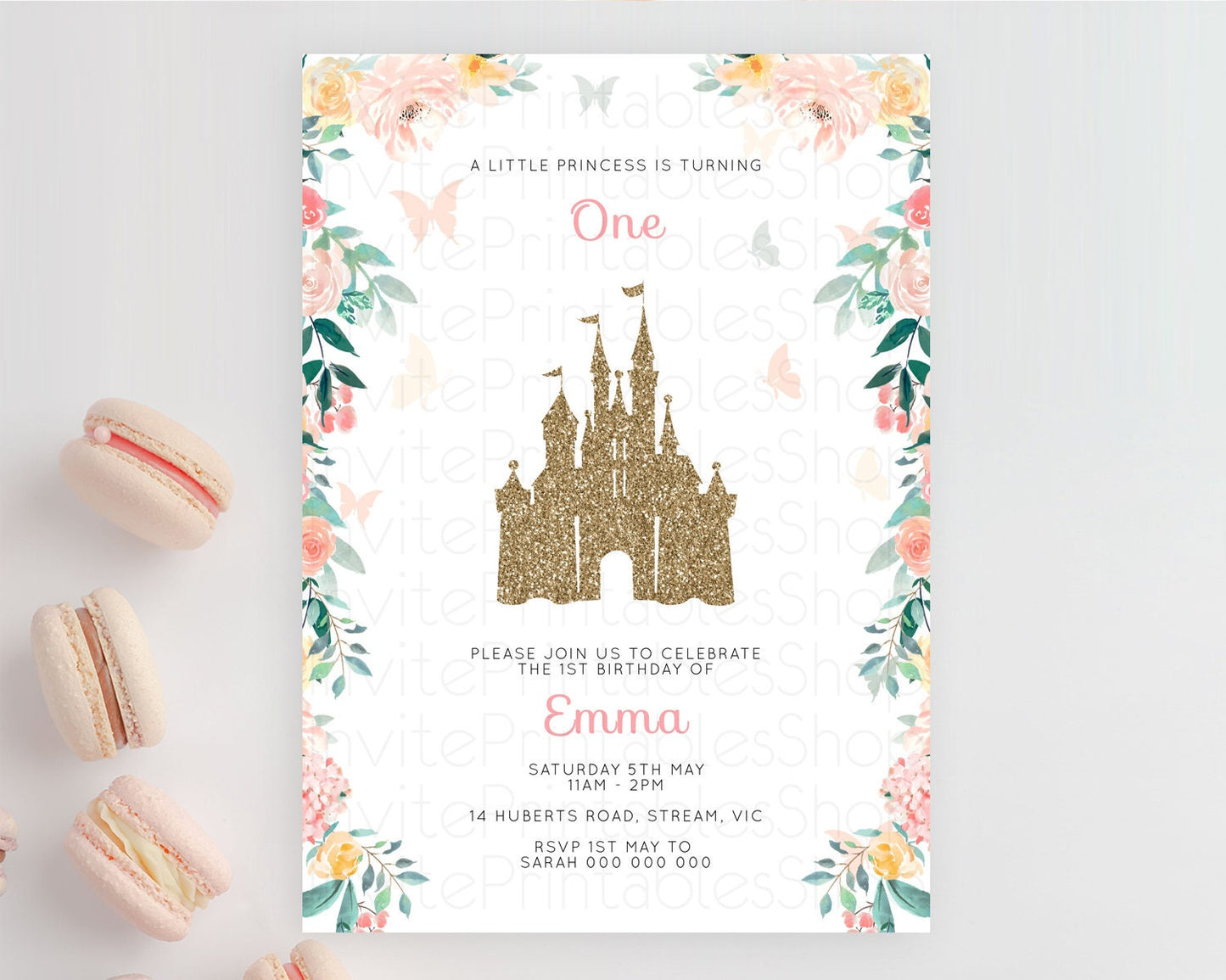 Princess Birthday Invitation Castle Invitation Royal Birthday Fairy Tale Enchanted Castle Pastel Floral Garden 1st First Birthday D10429