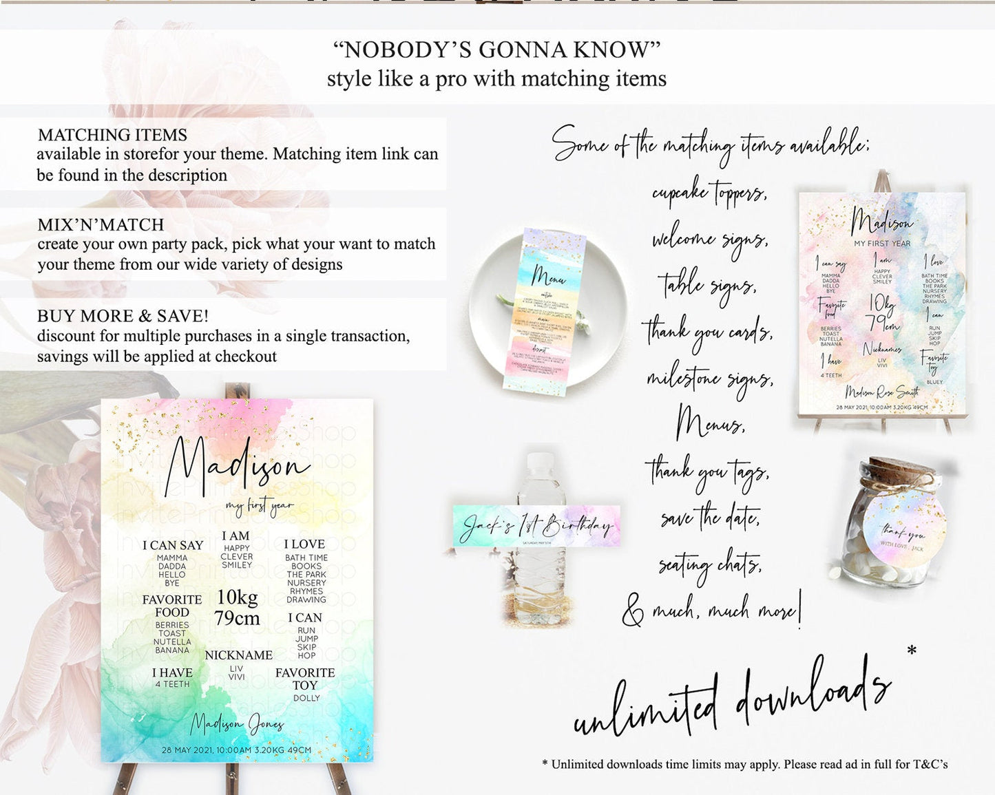 Pastel First Birthday Milestone Board Pastel Rainbow Milestone Poster Colorful Confetti Watercolor Glitter 1st Birthday Welcome Sign D10151