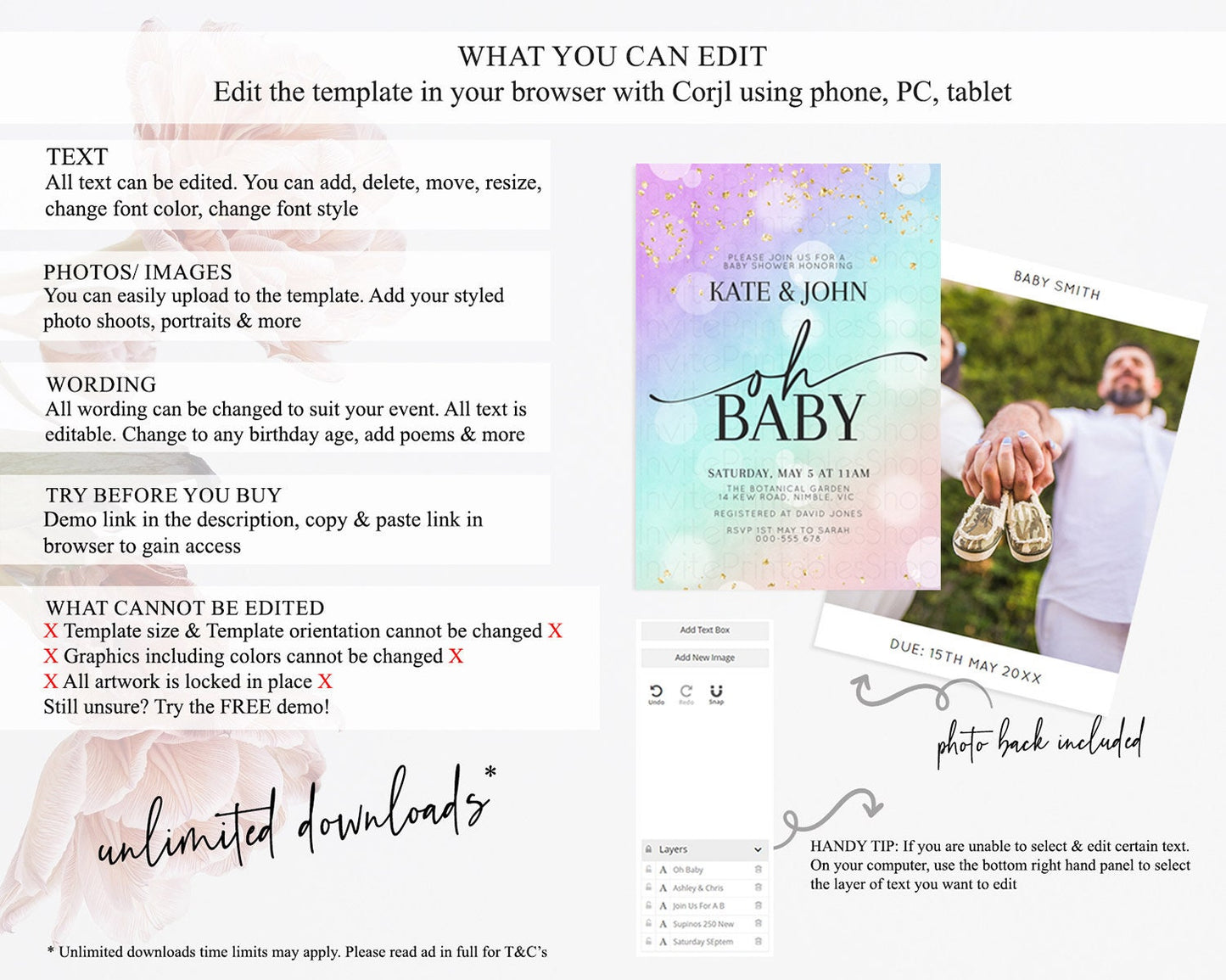 Pastel Baby Shower Invitation Rainbow Baby Shower Invitation Colorful Pastel Watercolor Invitation Gold Glitter Sprinkles Ombre D10618