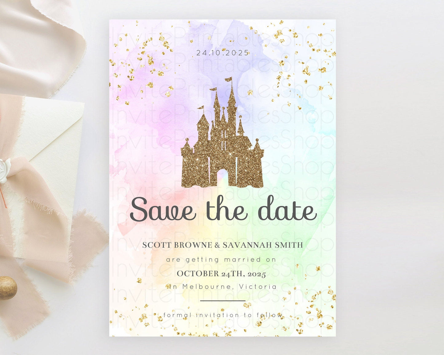 Princess Save The Date Pastel Watercolor Ombre Princess Party Rainbow Colorful Enchanted Castle 1st Birthday Baptism Baby Shower D10658