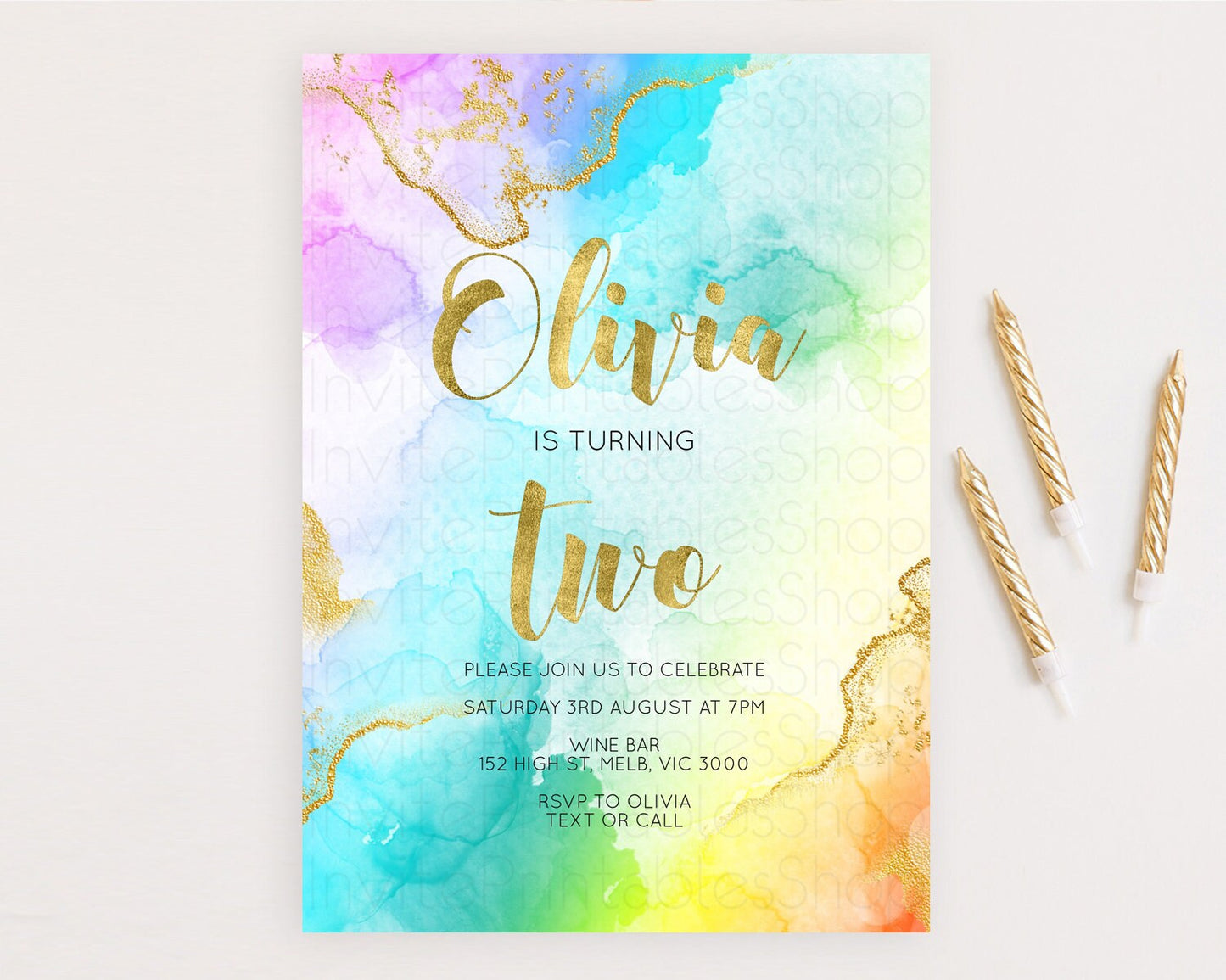 Rainbow Birthday Invitation Colorful Pastel Watercolor Invitation Gold Glitter Sprinkles Ombre Pastel 1st 2nd 3rd Birthday D10392