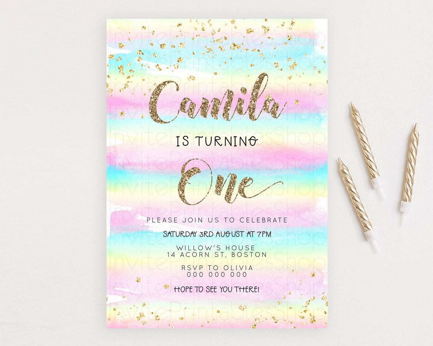 Rainbow Birthday Invitation Colorful Pastel Watercolor Invitation Gold Glitter Sprinkles Ombre Pastel 1st 2nd 3rd Birthday D23265