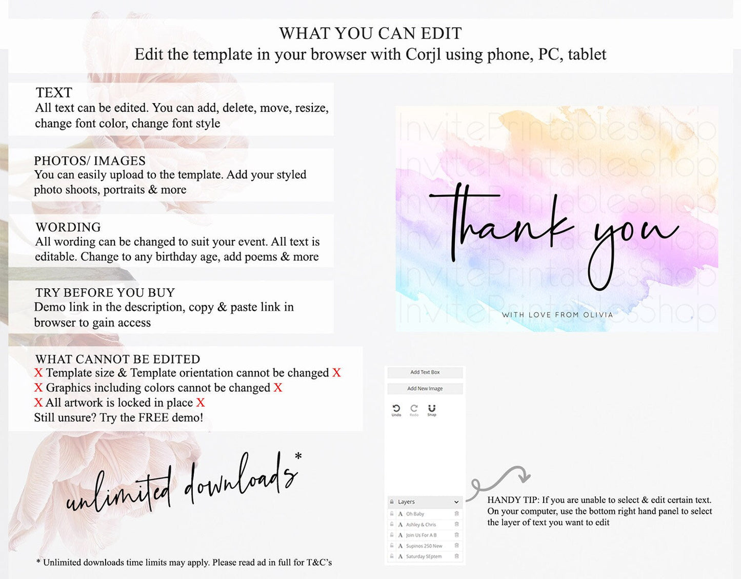 Pastel Thank You Rainbow Thank You Card Colorful Pastel Birthday Thank You Card Confetti Watercolor Pastel Teacher Thank You Cards D10177