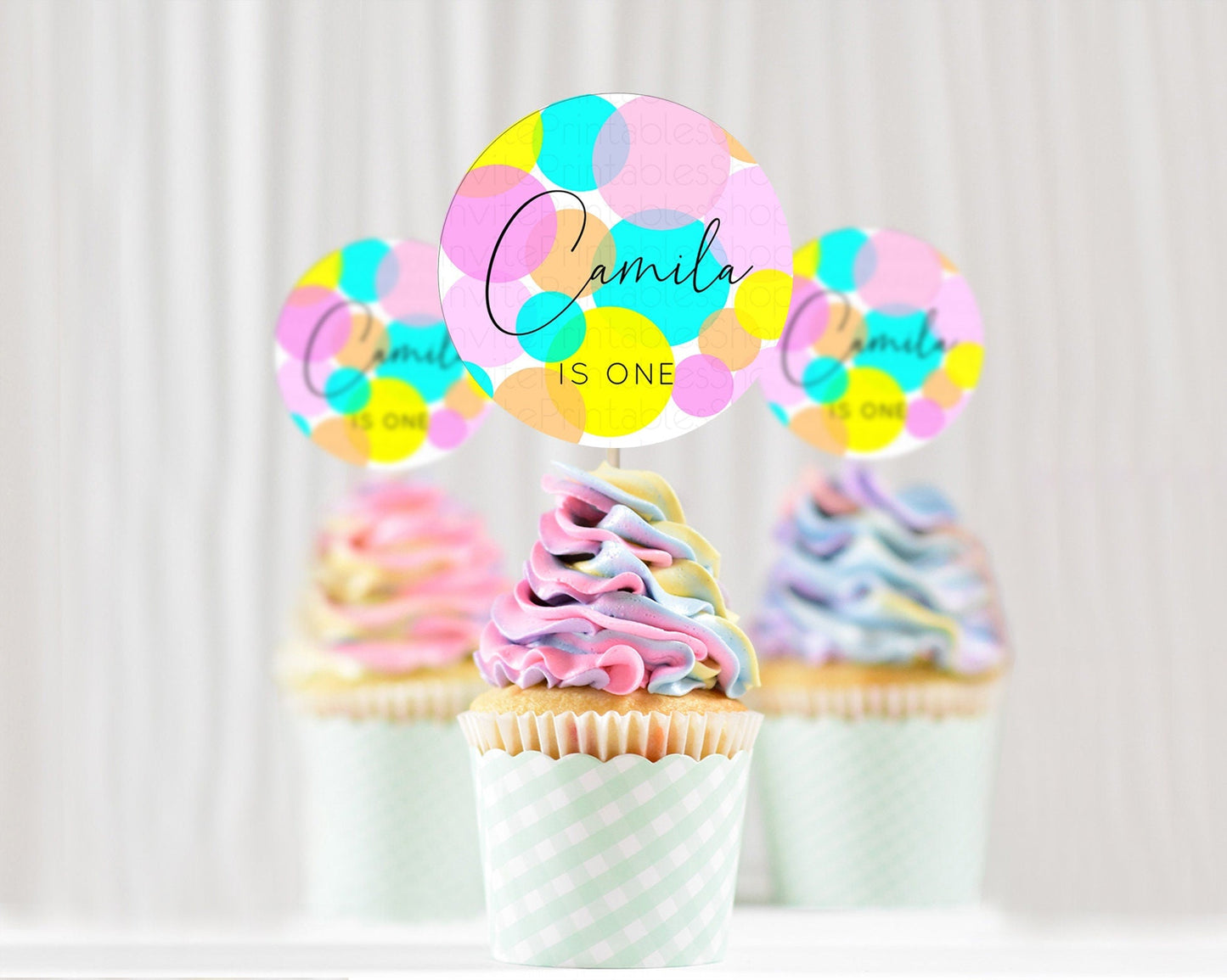 Pastel Cupcake Toppers Pastel Confetti Cupcake Topper Bubbles Sprinkles Colorful Rainbow Confetti Cupcake First Birthday Party Decor D10896