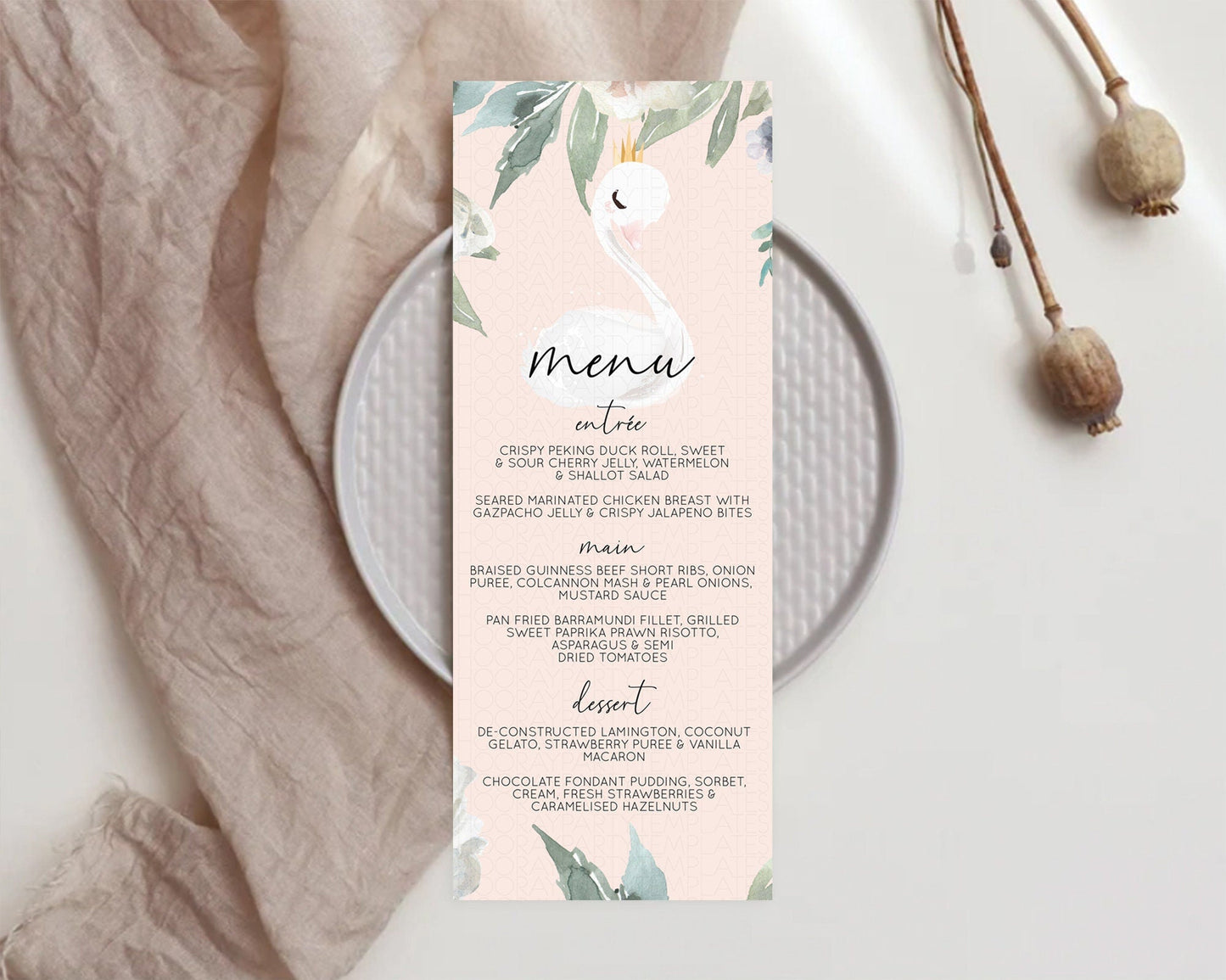 Swan Menu Swan Princess Ballet Menu Template Enchanted Swan Lake Table Decor Secret Garden Pastel Floral Dinner Dessert Food Menu D10755