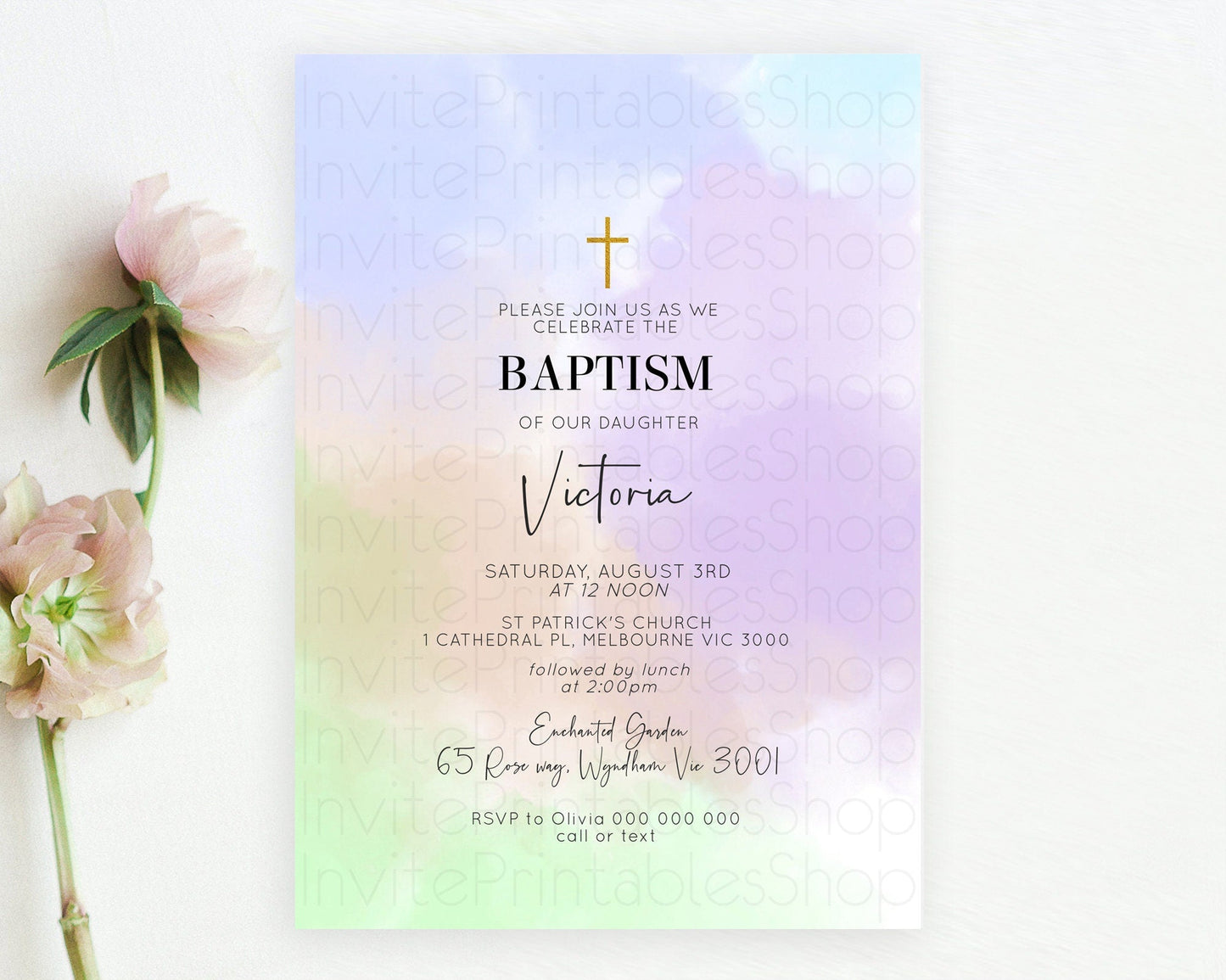 Pastel Baptism Invitation Pastel Colors Watercolor Baptism 1st Birthday Party Gold Ombre Pastel Rainbow Christening Holy Communion D10371