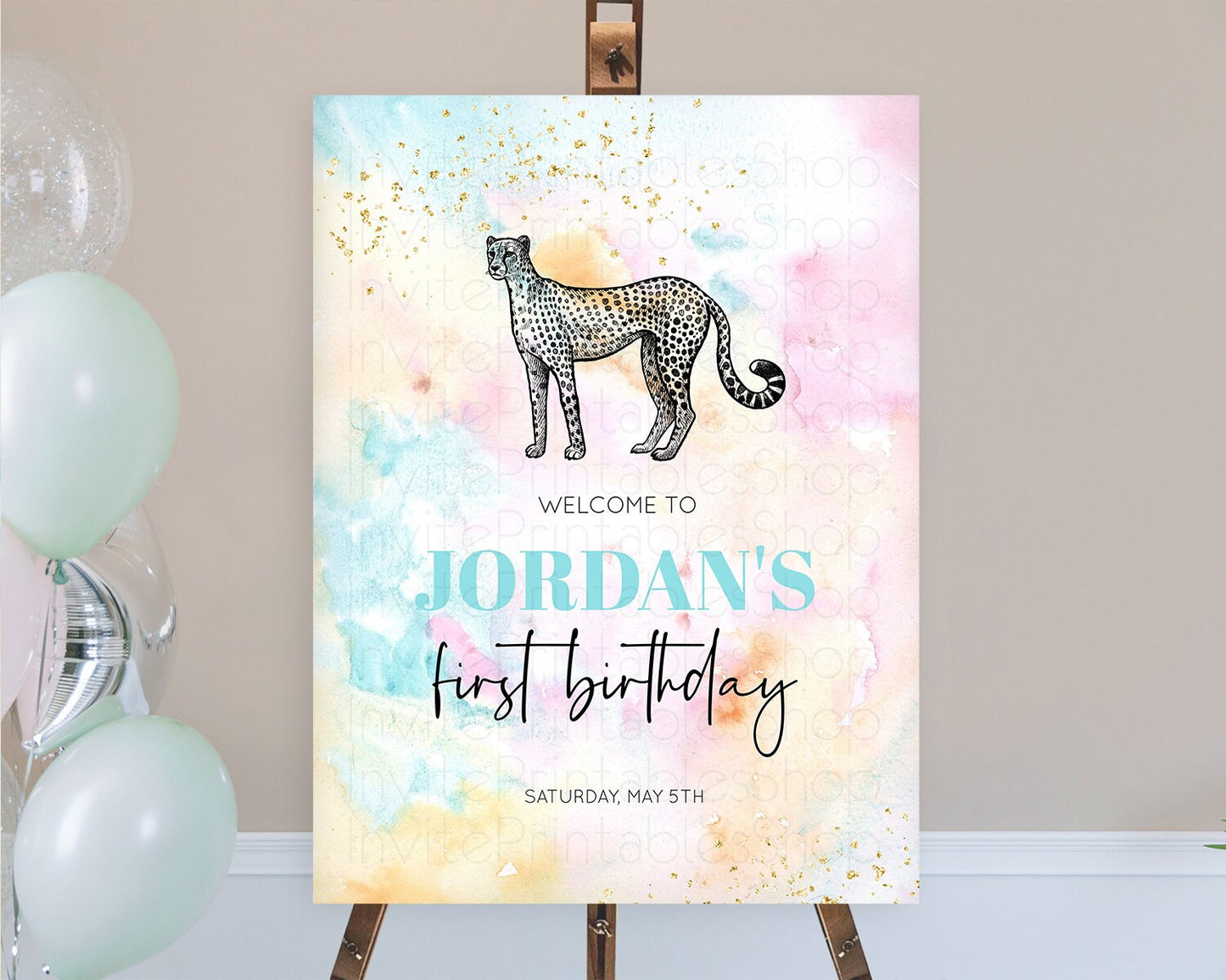 Pastel Cheetah Welcome Sign Rainbow Cheetah Welcome Board Colorful Rainbow Pastel Confetti Watercolor First Birthday Welcome Sign D10289