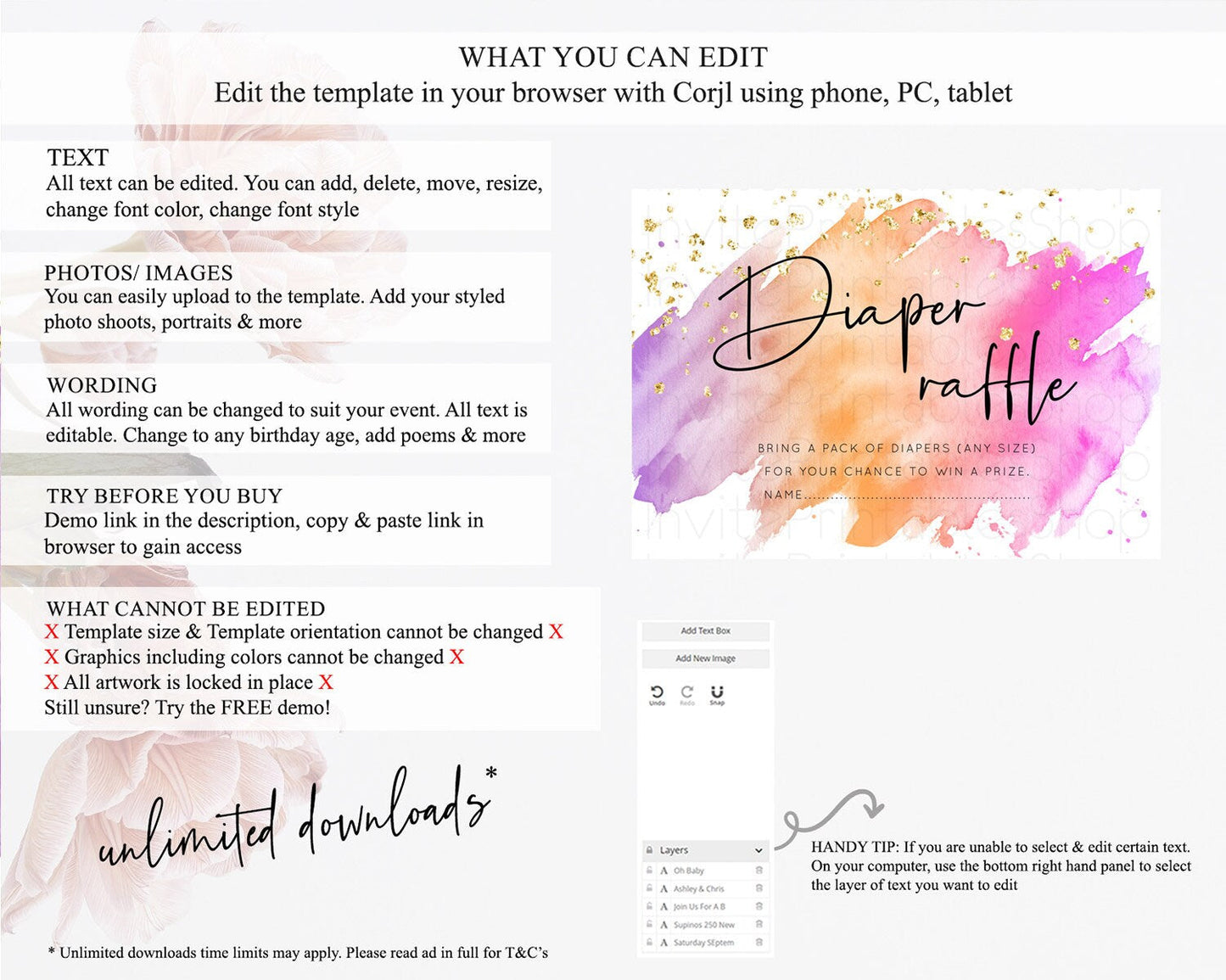Pastel Diaper Raffle Card Pastel Rainbow Diaper Raffle Insert Colorful Ombre Watercolor Diaper Ticket Confetti Glitter Raffle Game D10488