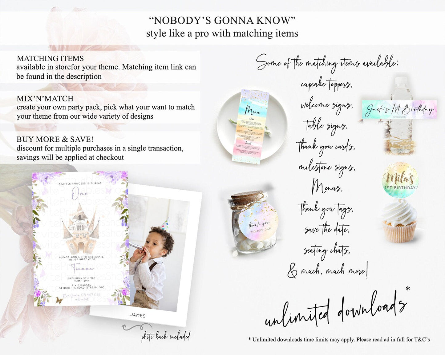 Princess Birthday Invitation Castle Invitation Royal Birthday Fairy Tale Enchanted Castle Pastel Floral Garden 1st First Birthday D10339