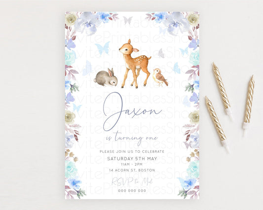 Fawn Birthday Invitation Deer Birthday Invitation Enchanted Forest Party Butterfly Pastel Flowers Whimsical 2nd 1st First Birthday D10929