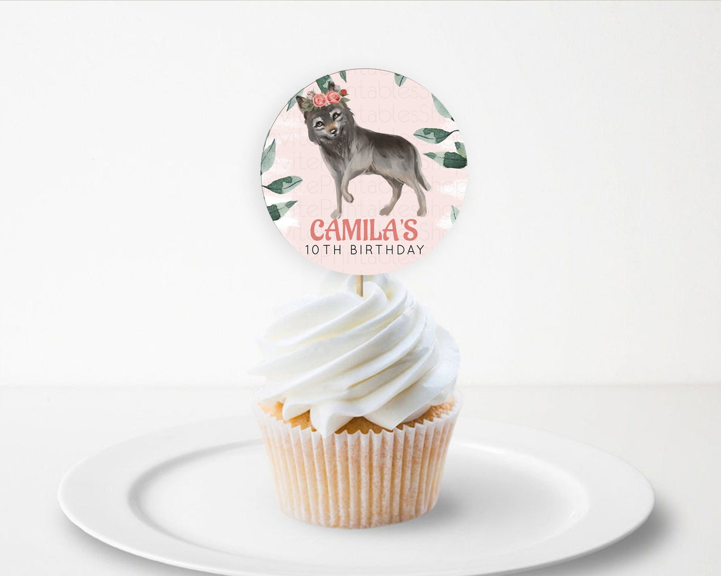 Wolf Cupcake Toppers Wolf Cupcake Pastel Wolf Decor Enchanted Forest Woods Wolf Floral Cupcake Howling Party Cupcake First Birthday D10535