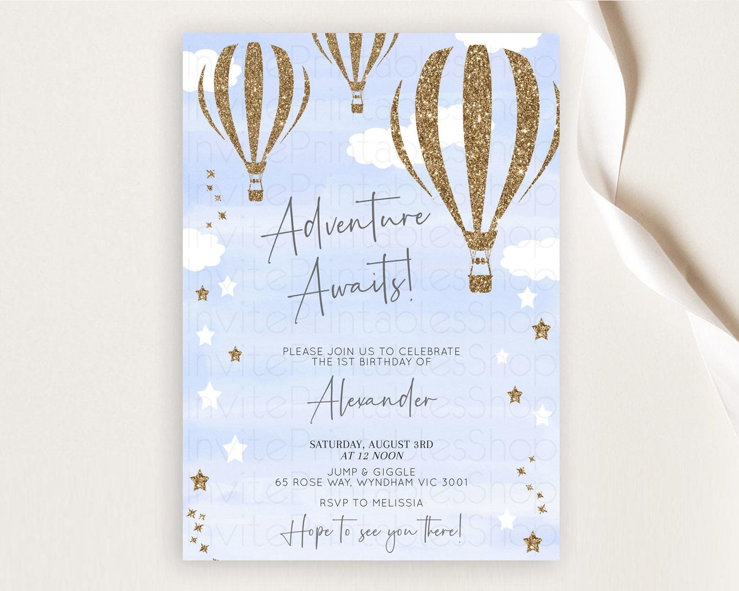Hot Air Balloon Birthday Invitation Hot Air Balloon Invites Adventure Awaits Up Up & Away Glitter Blue Watercolor 1st Birthday Boy D10333