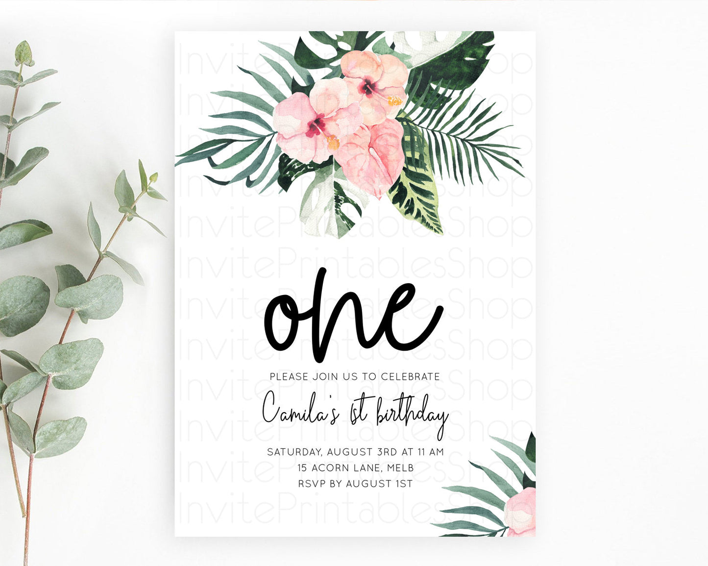 Tropical Invitation Tropical Birthday Invitation Tropical Floral Invitation Palm Leaf Fern Invite Frangipani White Orchid Invitation D11017