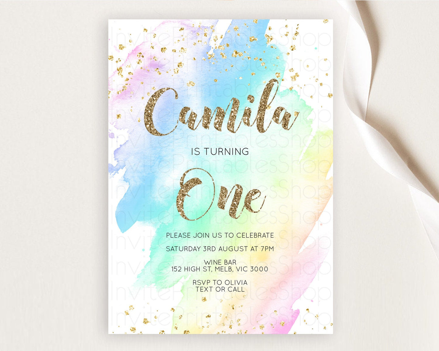 Rainbow Birthday Invitation Colorful Pastel Watercolor Invitation Gold Glitter Sprinkles Ombre Pastel 1st 2nd 3rd Birthday D10637