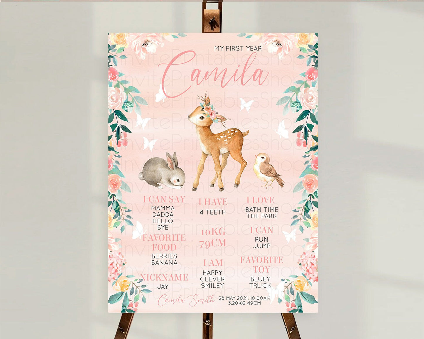 Fawn First Birthday Milestone Board Deer First Birthday Milestone Poster Enchanted Forest Butterfly Pastel Flowers 1st Birthday Sign D10921