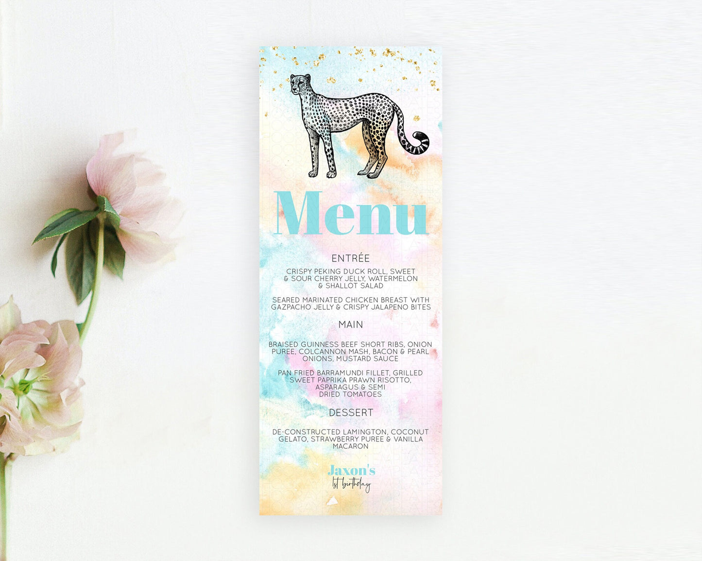 Pastel Cheetah Menu Rainbow Cheetah Menu Template Colorful Rainbow Table Decor Pastel Dinner Dessert Menu Cheetah Party Food Menu D10289