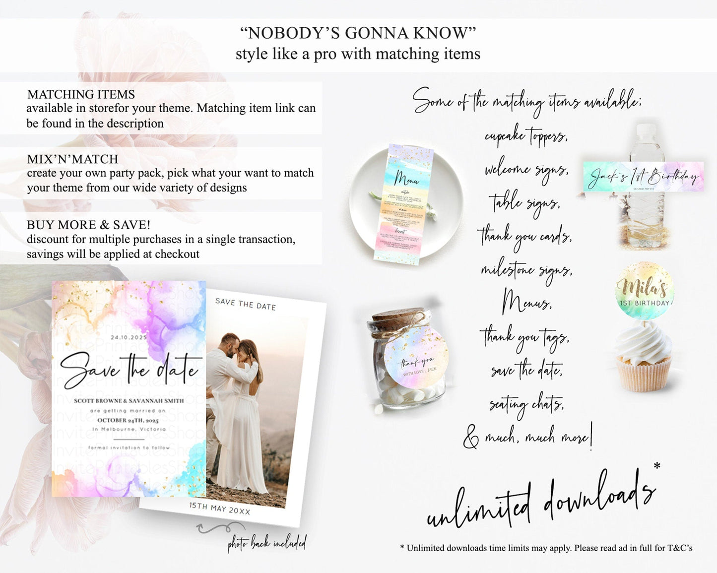 Pastel Save The Date Template Pastel Ombre Rainbow Watercolor Colorful Party For Birthday Baptism Baby Shower Wedding Bridal Shower D10180