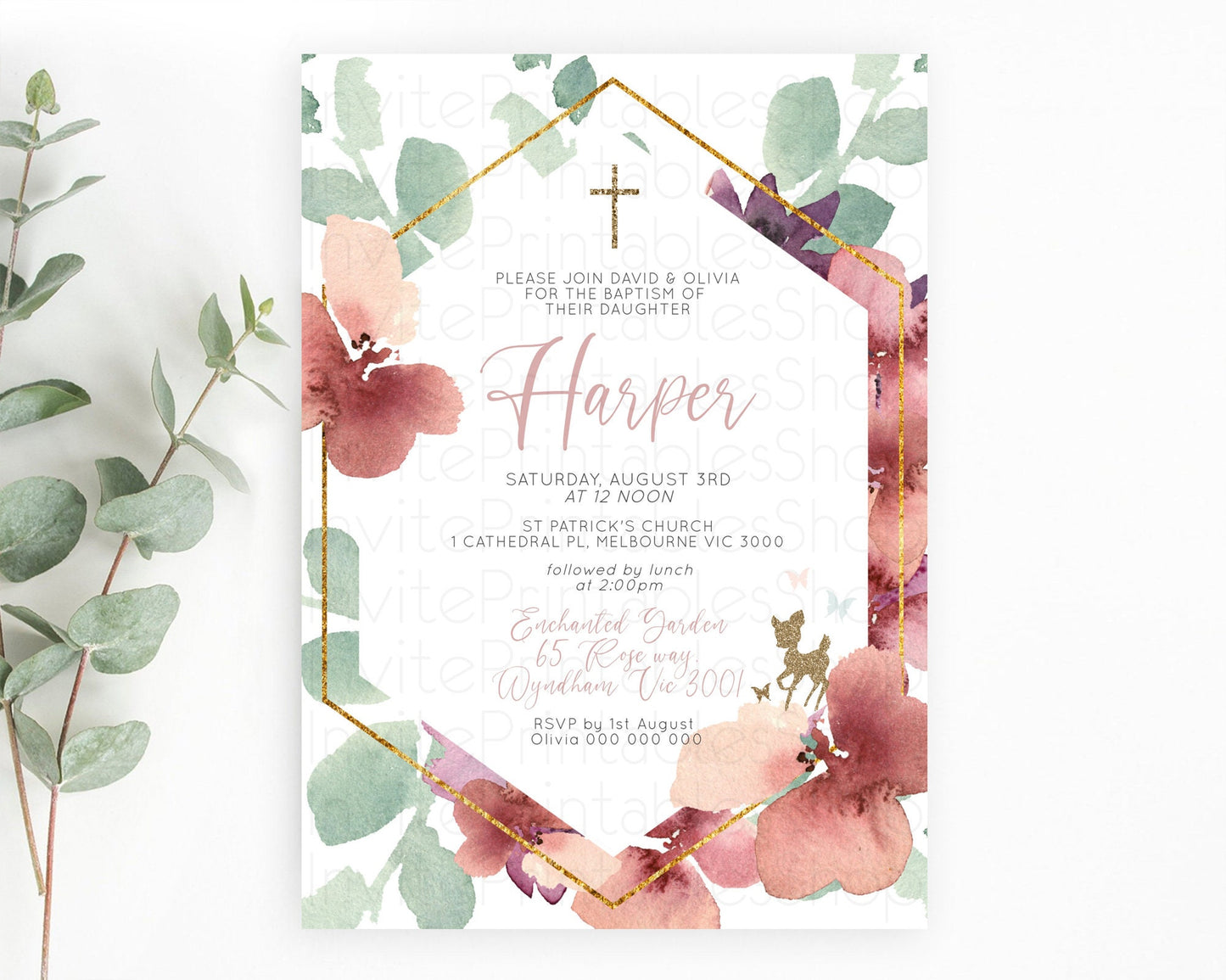 Fawn Baptism Invitation Deer Baptism 1st Birthday Invitation Enchanted Forest Christening Invitation Pastel Garden Butterfly Floral D10459