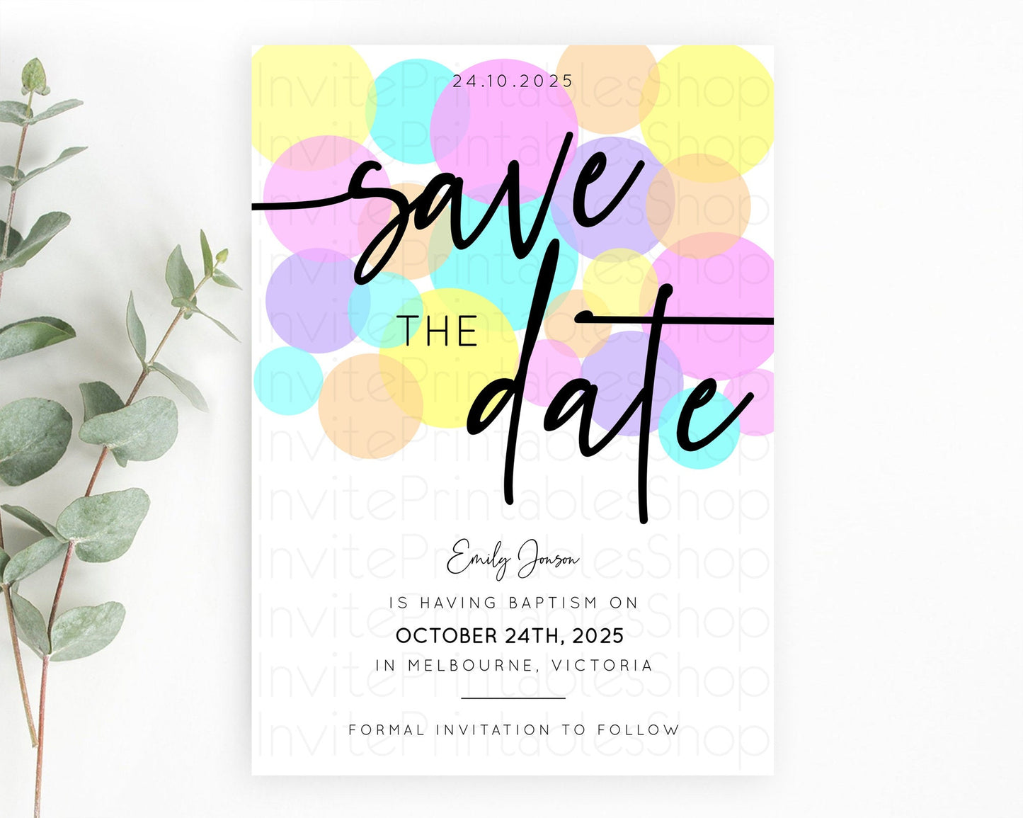 Pastel Confetti Save The Date Template Rainbow Colorful Sprinkles Party For 1st Birthday Baptism Baby Shower Wedding Bridal Shower D10407