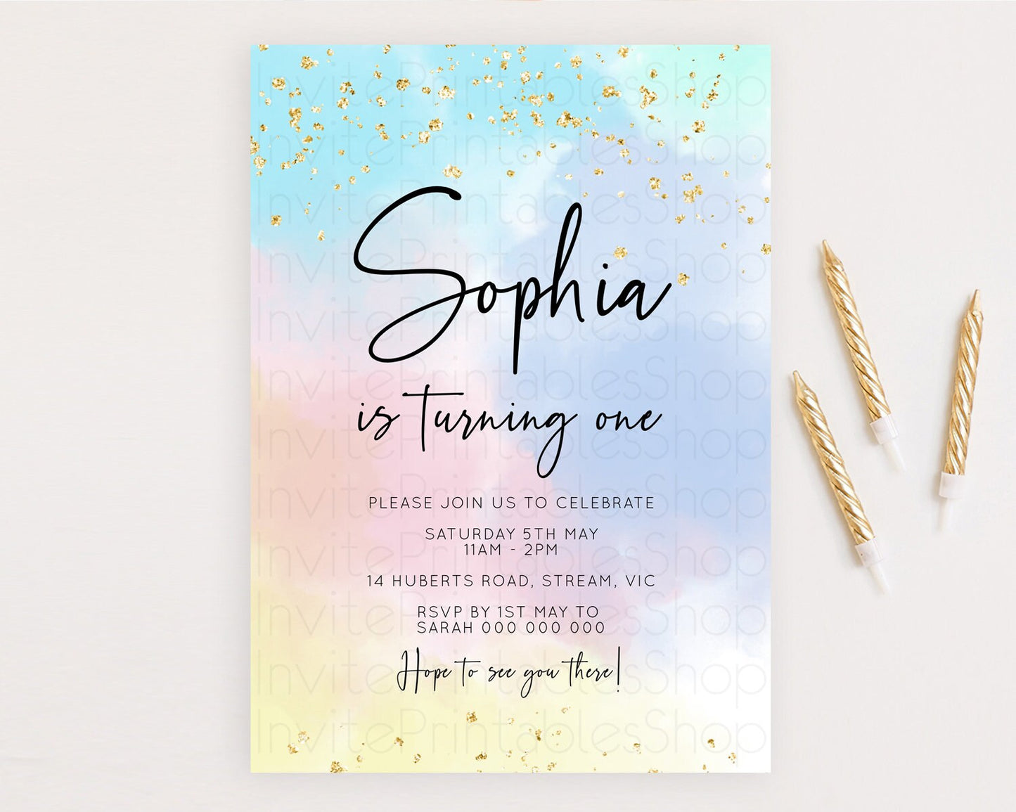 Rainbow Birthday Invitation Colorful Pastel Watercolor Invitation Gold Glitter Sprinkles Ombre Pastel 1st 2nd 3rd Birthday D10368