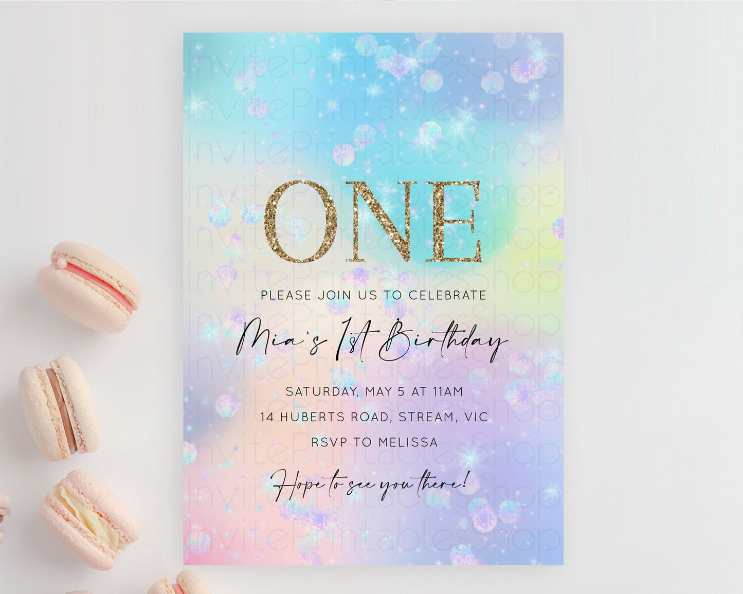 Rainbow Birthday Invitation Colorful Pastel Watercolor Invitation Gold Glitter Sprinkles Ombre Pastel 1st 2nd 3rd Birthday D10665