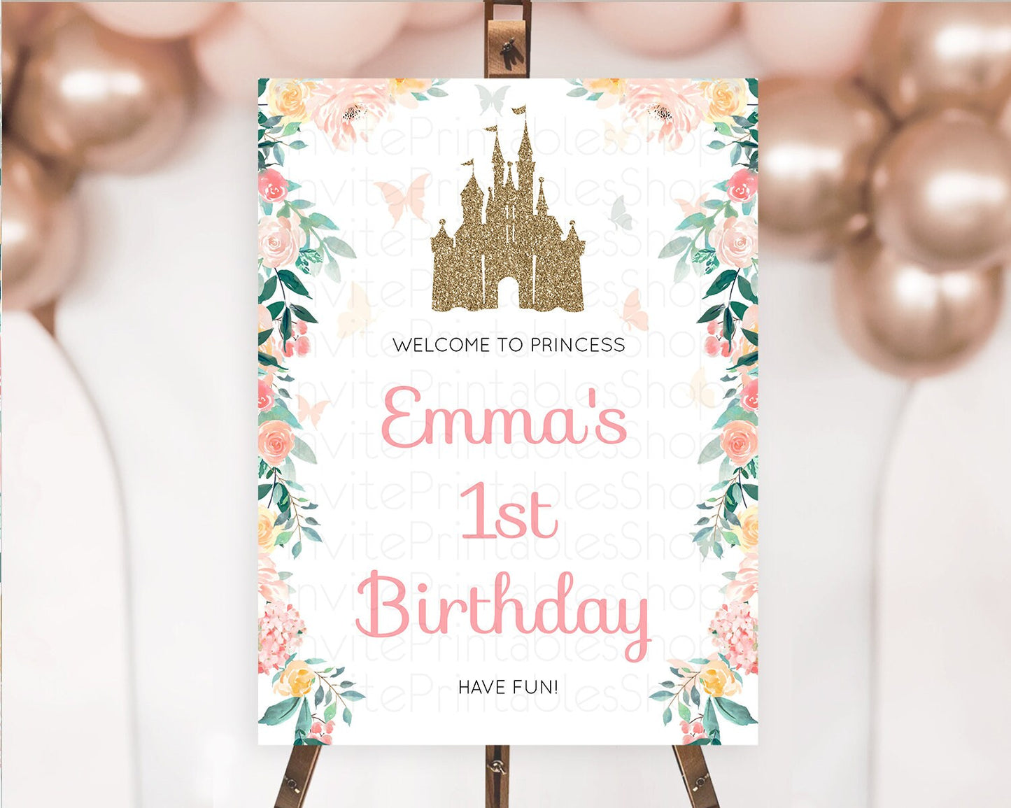 Princess Birthday Welcome Sign Castle Welcome Board Secret Garden Enchanted Castle Pastel Floral Garden First Birthday Welcome Sign D10429