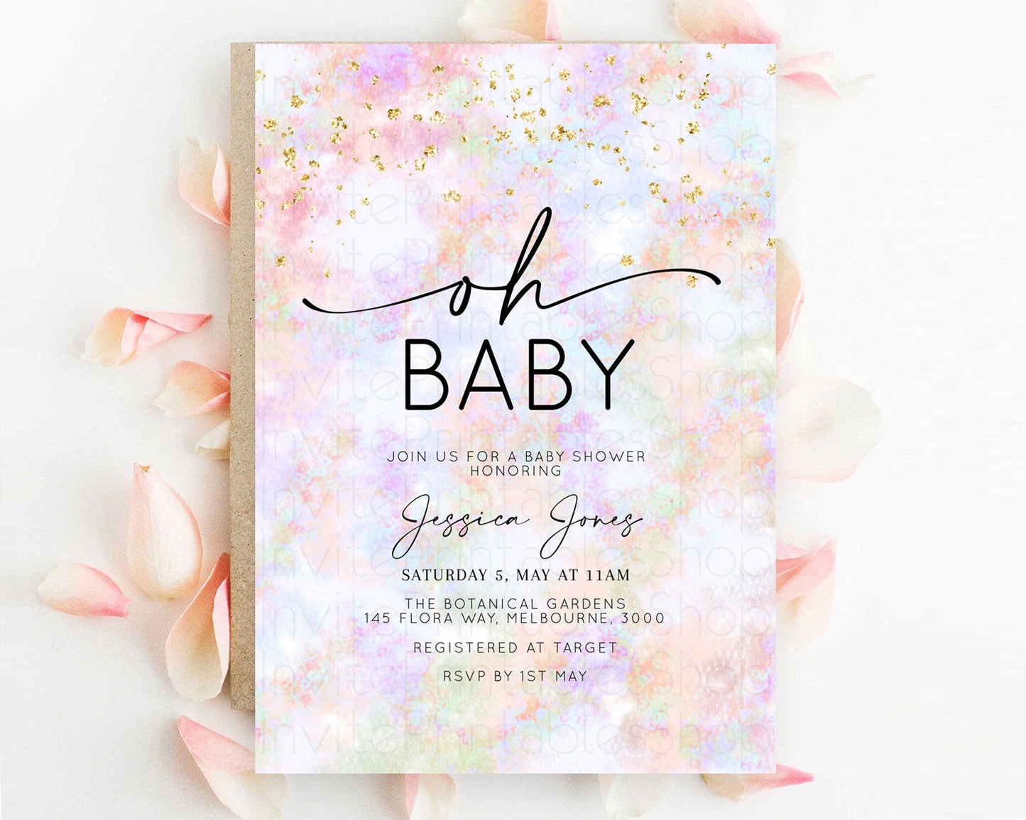 Pastel Baby Shower Invitation Rainbow Baby Shower Invitation Colorful Pastel Watercolor Invitation Gold Glitter Sprinkles Ombre D10649