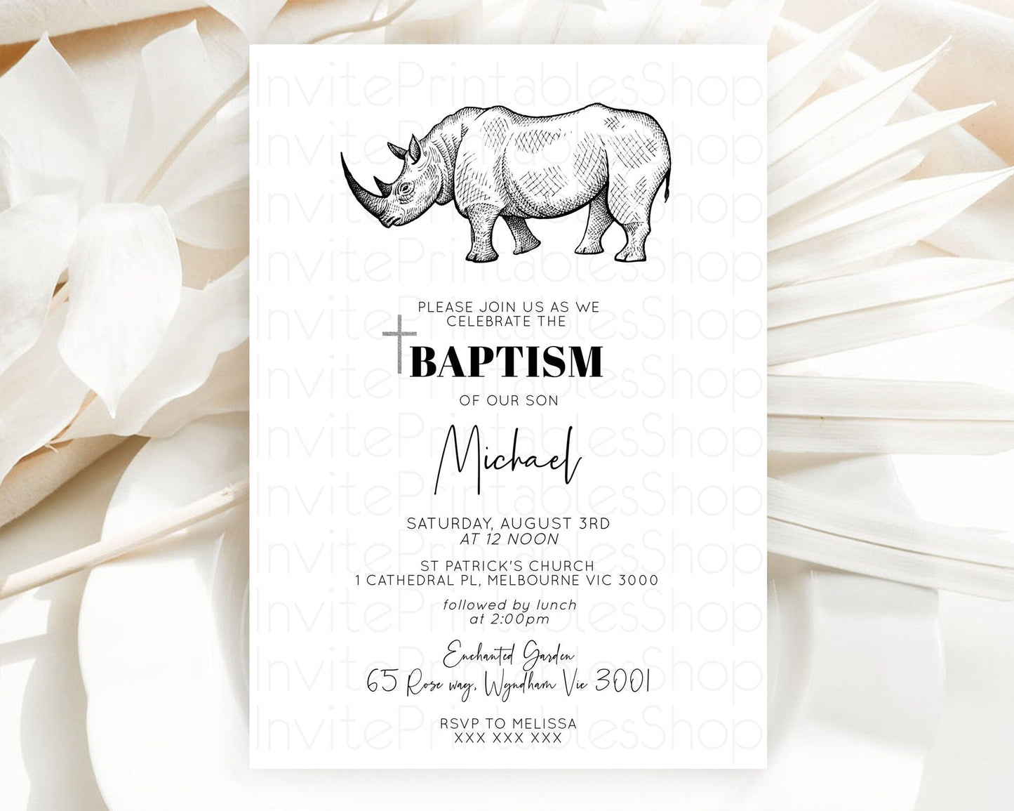 Rhino Baptism Invitation Rhino Baptism 1st Birthday Invitation Rhino Safari Adventure Christening Invitation Palm Leaf Invite Zoo D10253